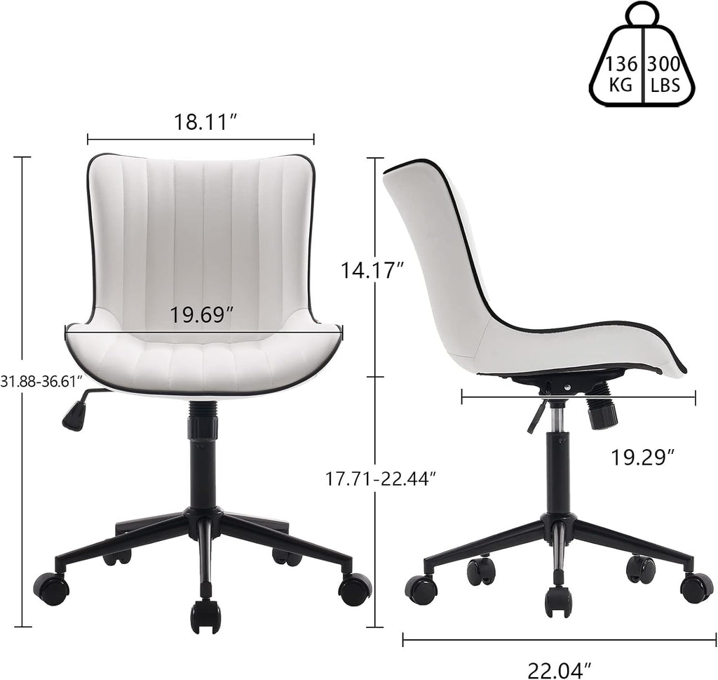YOUNIKE White Armless Office Chair Faux Leather Small Cute Desk Chair with 12° Rocking Back Adjustable Height Swivel Vanity Chair Ergonomic Compact Home Computer Rolling Task Chair for Small Spaces