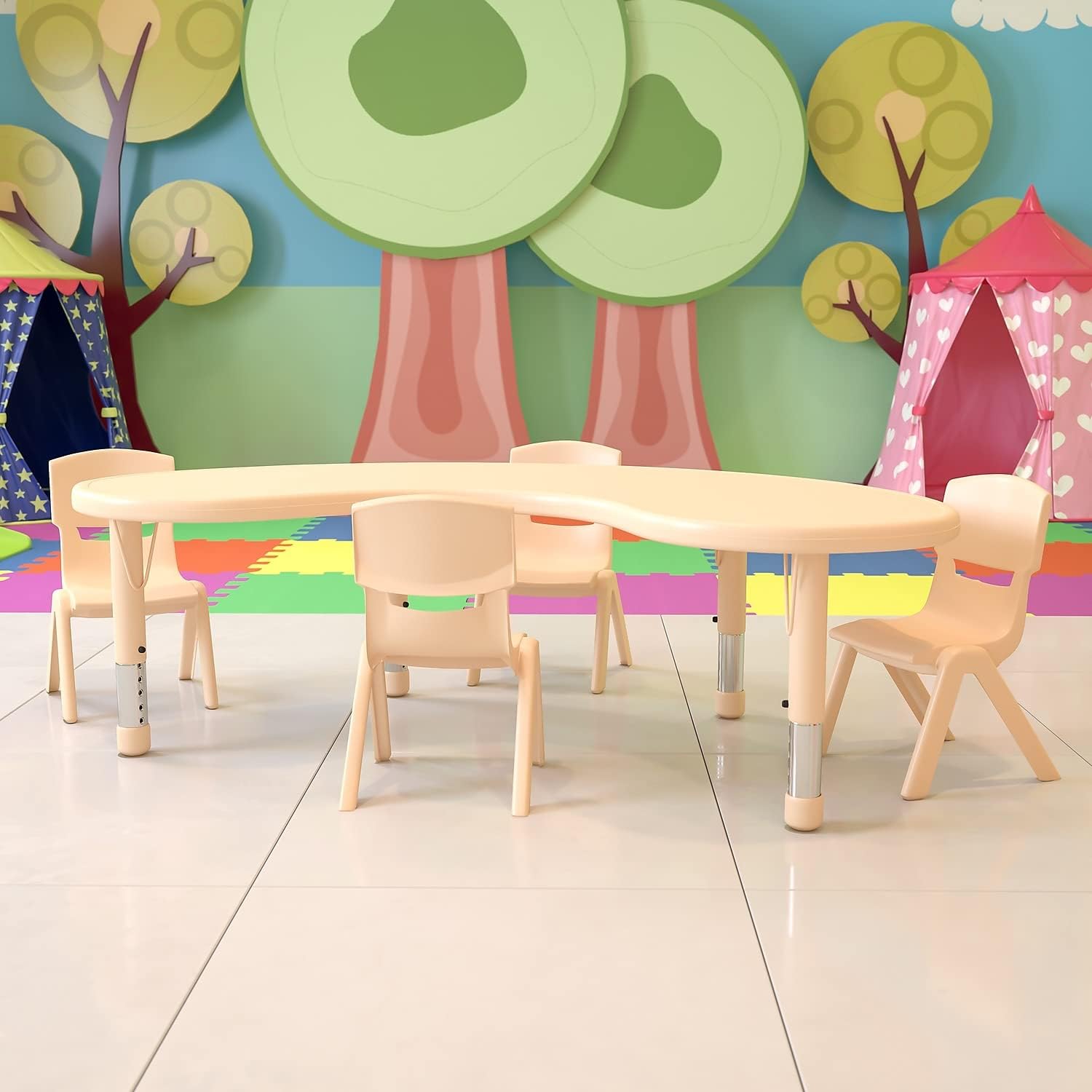 Flash Furniture 35'W x 65'L Half-Moon Natural Plastic Height Adjustable Activity Table Set with 4 Chairs