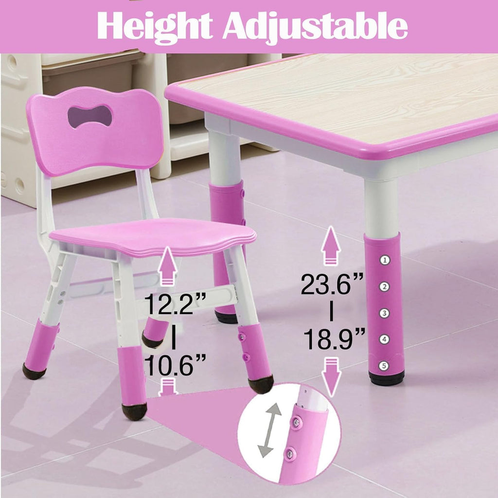Garvee Kids Table and 6 Chair Set,47 in Modern Height Adjustable Toddler Table and 6 Chairs Set with Non-Slip Desk Legs&Organizer Graffiti Desktop, Preschool Activity Art Craft Tables for 6(Pink)
