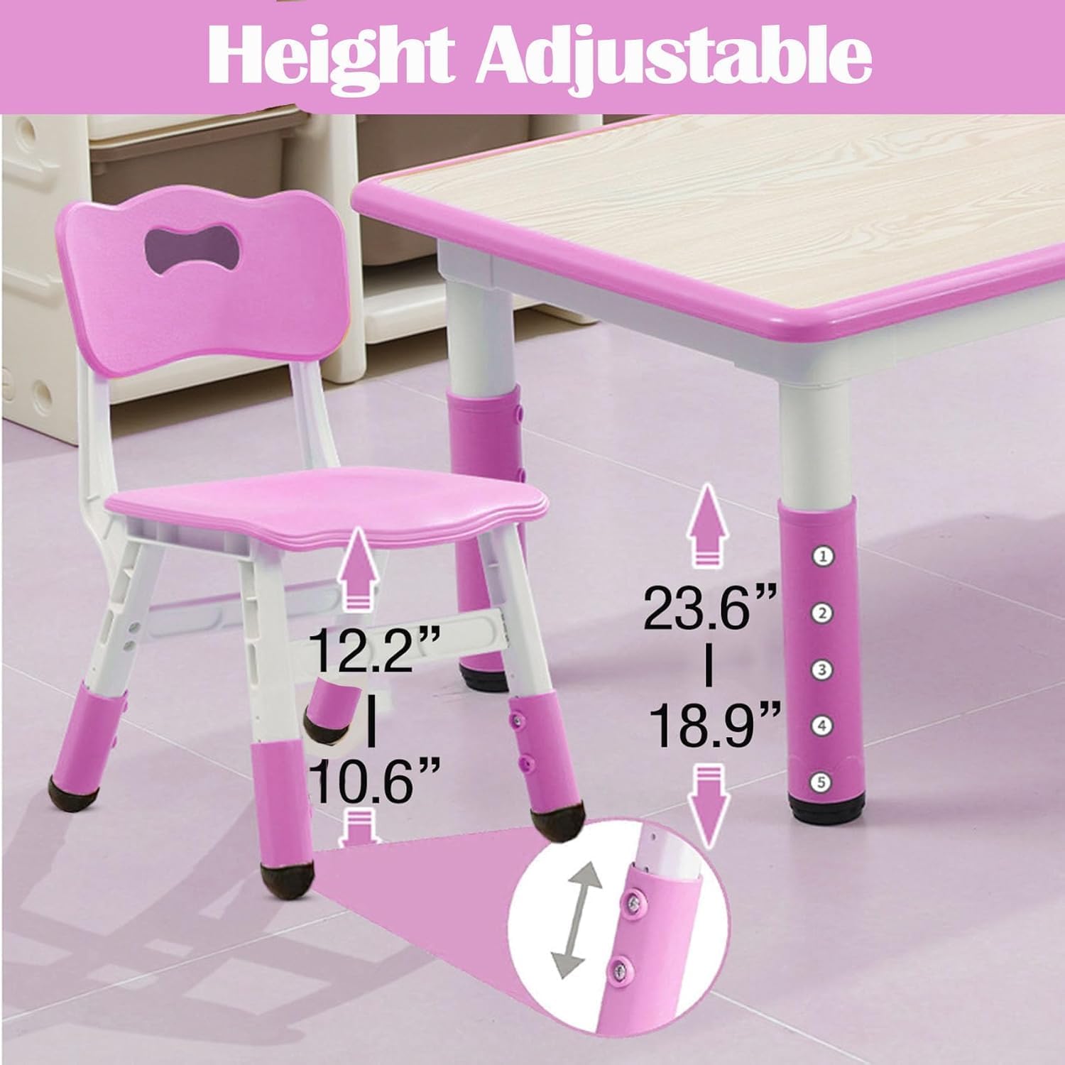 Garvee Kids Table and 6 Chair Set,47 in Modern Height Adjustable Toddler Table and 6 Chairs Set with Non-Slip Desk Legs&Organizer Graffiti Desktop, Preschool Activity Art Craft Tables for 6(Pink)