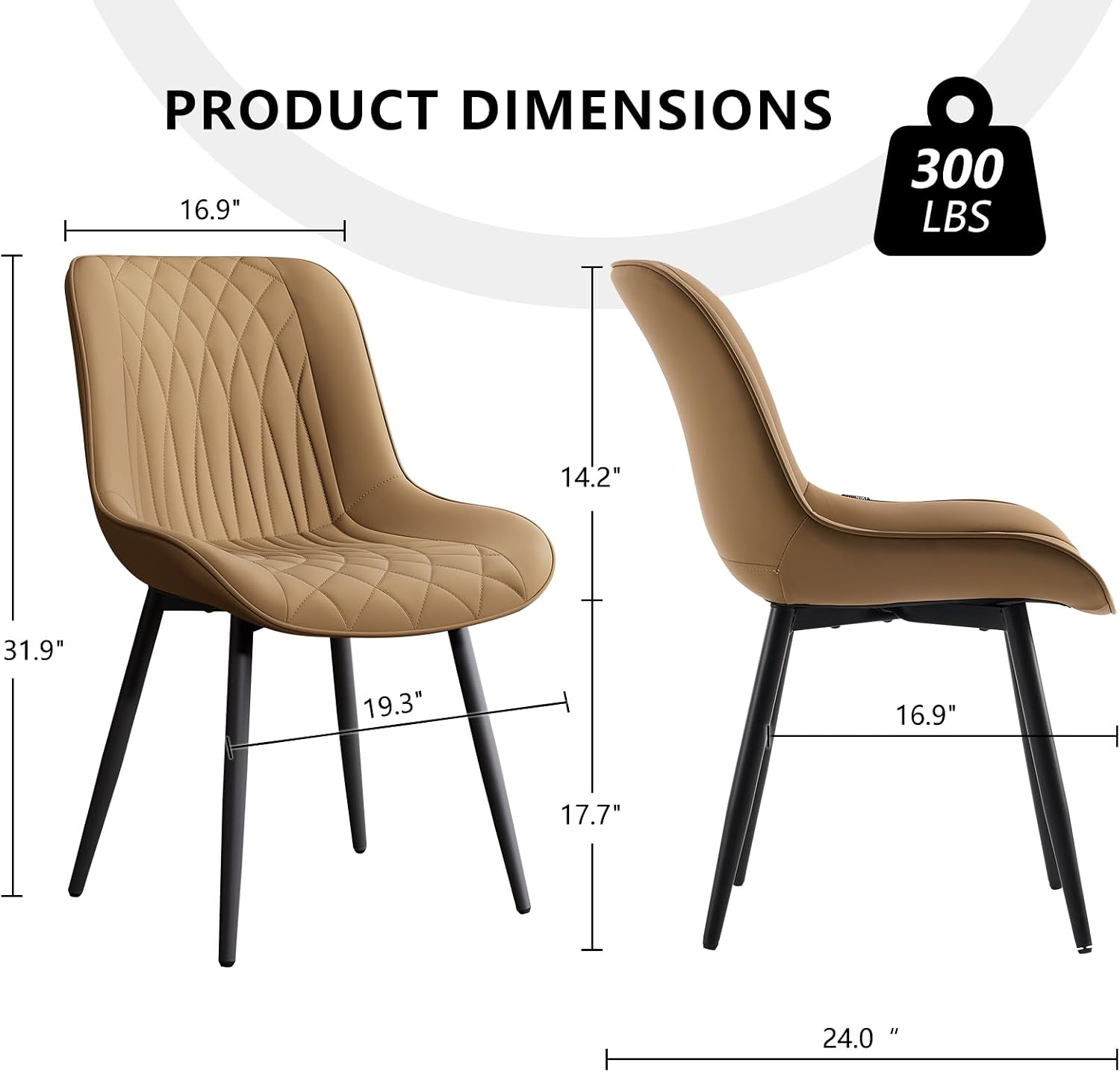 YOUNIKE Faux Leather Dining Chairs Set of 2 Mid-Century Modern High Padded Back Comfy Upholstered Kitchen Chairs with Metal Legs Wide Seat Accent Side Chair for Dining/Living/Waiting Room Tan