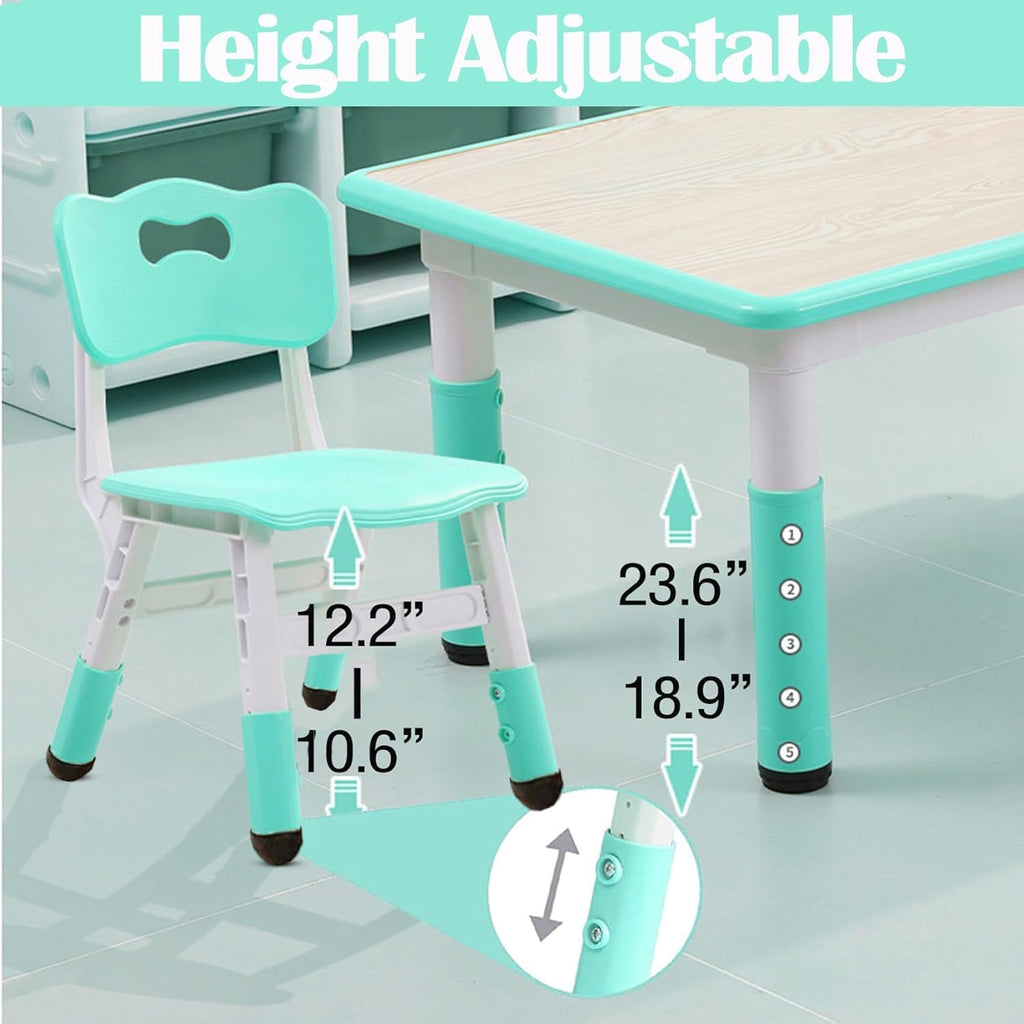 Garvee Kids Table and 6 Chair Set,47 in Modern Height Adjustable Toddler Table and 6 Chairs Set with Non-Slip Desk Legs&Organizer Graffiti Desktop, Preschool Activity Art Craft Tables for 6(Teal