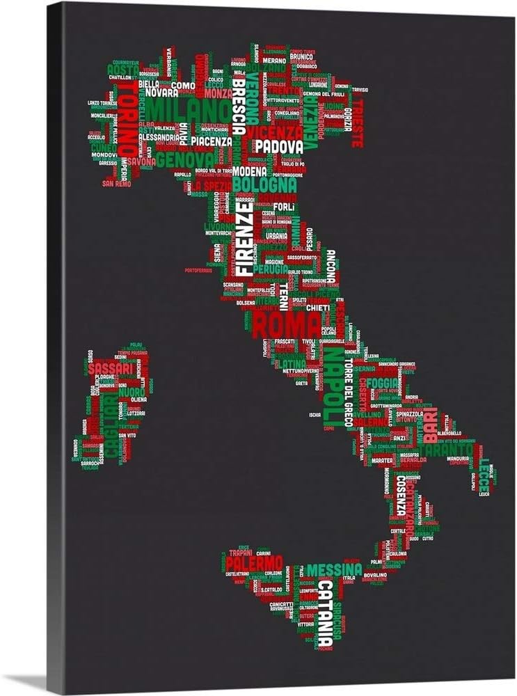 CANVAS ON DEMAND Italian Cities Text Map, Italian Colors On Grey Canvas Wall Art Print by Michael Tompsett, Typography, Home Decor, Artwork, 30'x40'
