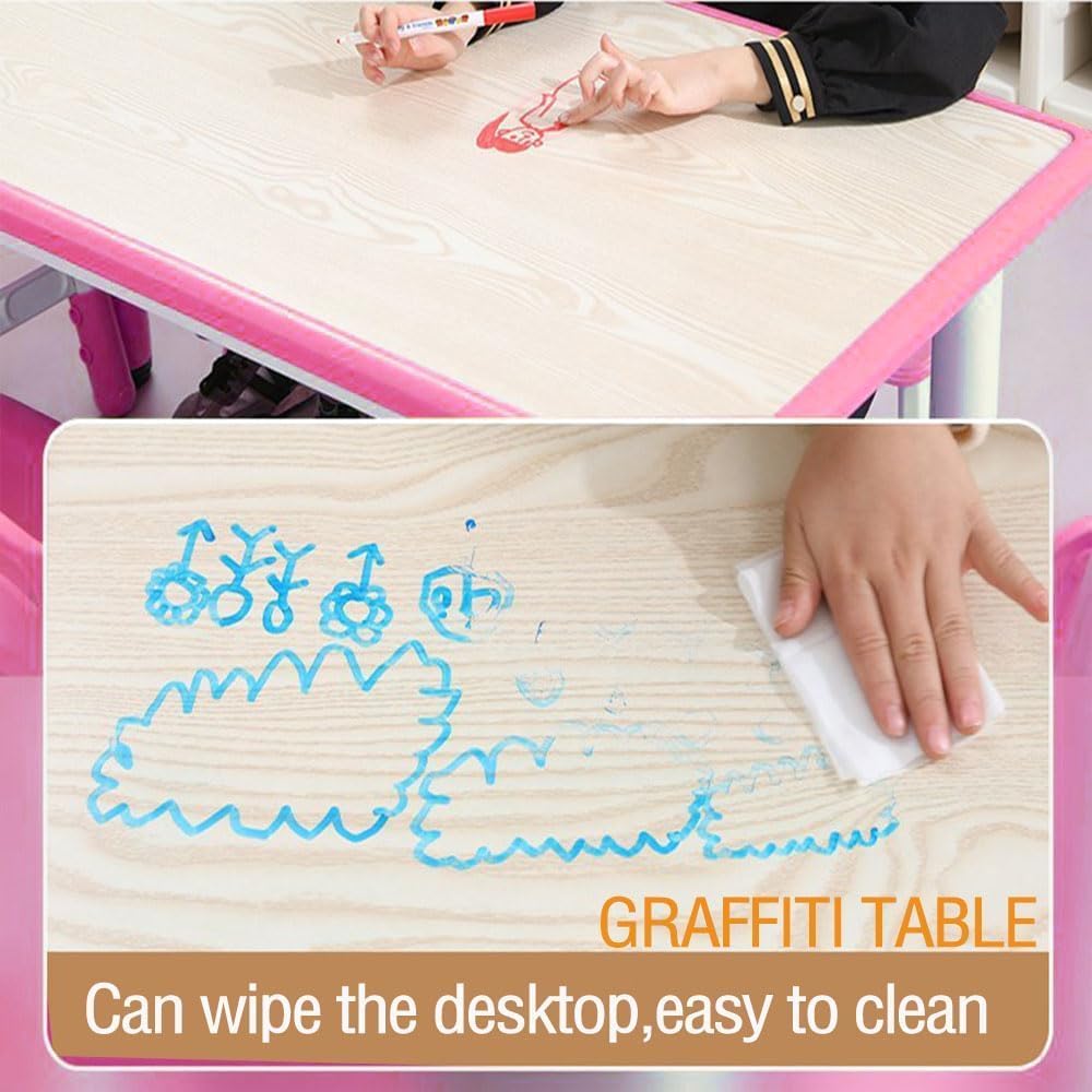 Garvee Kids Table and 6 Chair Set,47 in Modern Height Adjustable Toddler Table and 6 Chairs Set with Non-Slip Desk Legs&Organizer Graffiti Desktop, Preschool Activity Art Craft Tables for 6(Pink)