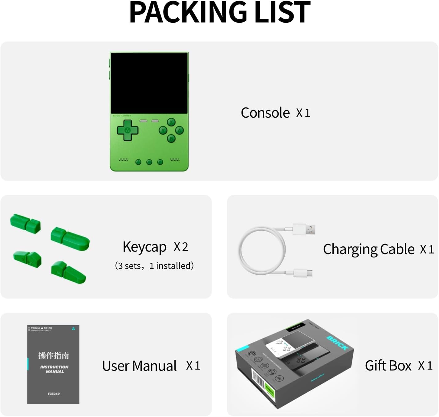Trimui Brick Hammer Metal Body Handheld Game Console Retro Gaming Handheld 3000mah Battery Allwinner A133p 3.2' IPS RGB Lighting Vibration Green-64G