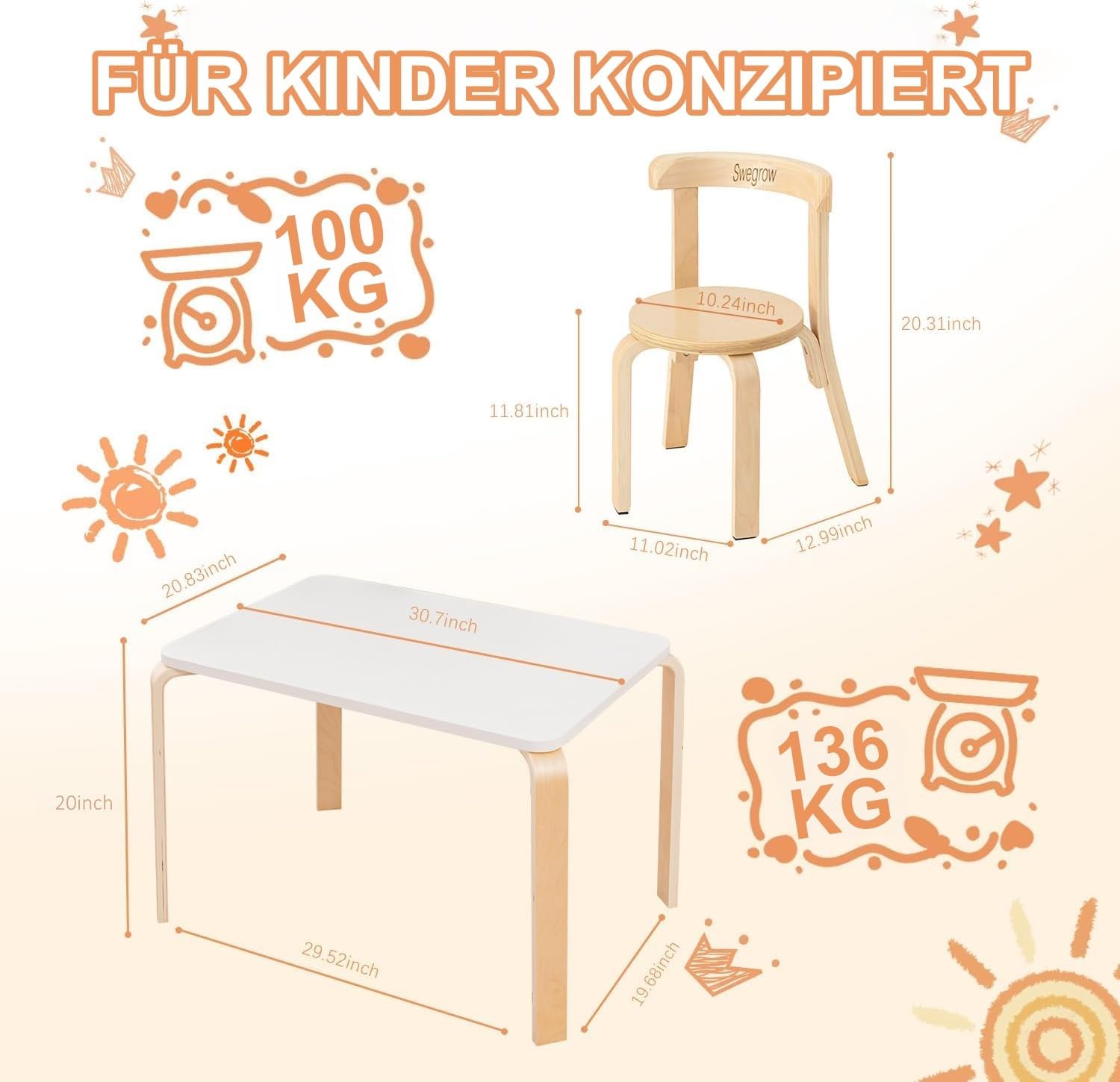 Swegrow Kids Table and 4 Chairs Set, Wooden Table and Chairs for Kids & Toddler，Kid Wooden Furniture for Playroom/Home/Kindergarten