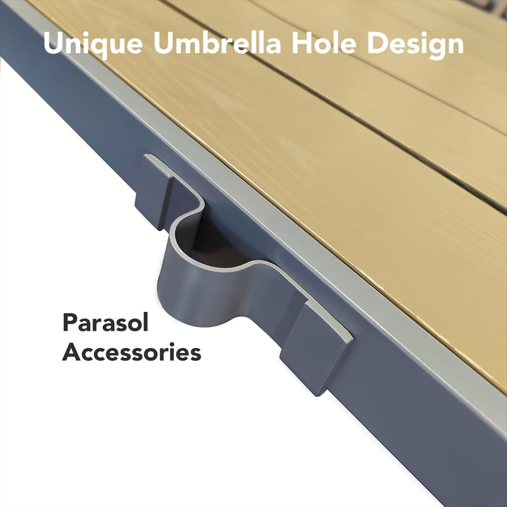 Ahomly Patio Table and Chairs Set for 6, Outdoor Dining Set Includes 59.5' Rectangle Patio Table with Side Umbrella Hole and 6 Textilene Fabric Patio Chairs for Courtyard, Backyard, Pool, Grey&Brown