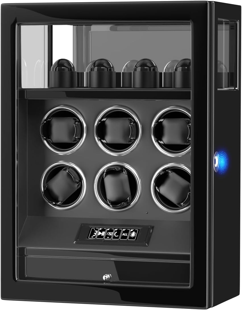 DUKWIN Watch Winder, Fingerprint Lock Automatic Watch Winder for 3/6/9 Watches with 4 Holders,300-2300 TPD,Digital Display, Remote Control,Jewelry Storage and Adjustable Watch Pillow and LED Light