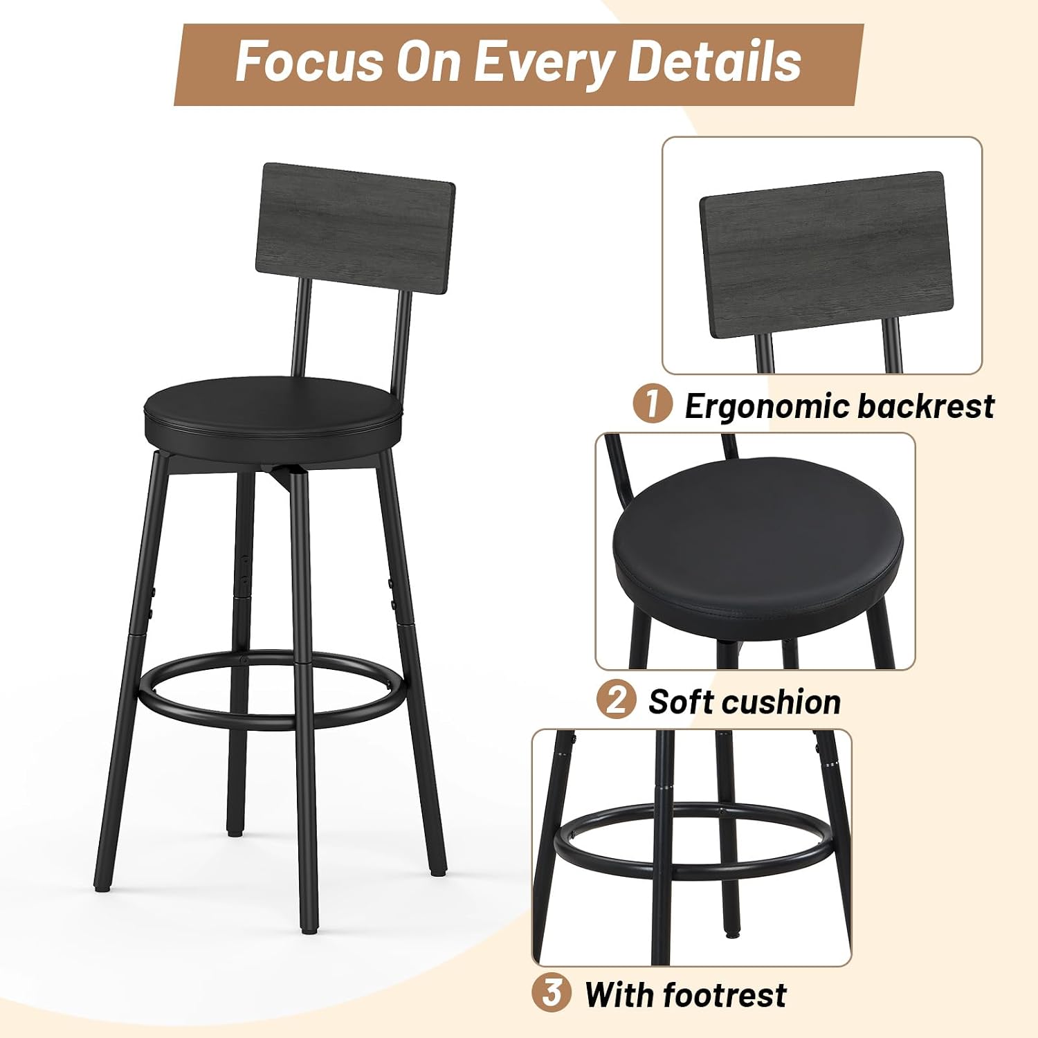 Zevemomo 5-Piece Dining Table Set, Bar Table Set for 4, Kitchen Table and Chairs, Counter Height High Top Table with 4 PU Upholstered Stools, Space-Saving Pub Table Sets for Small Space, Black