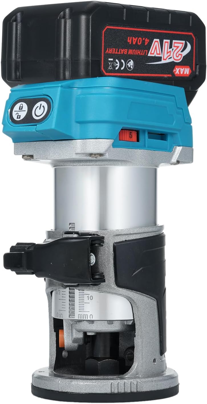 Trim Router with Brushless Motor 6 Variable Speeds 30000 RPM Compact Router for Woodworking with Metal Base Precise Scale Milling Cutter and 4.0Ah Batteries (US Plug & 1 Battery)