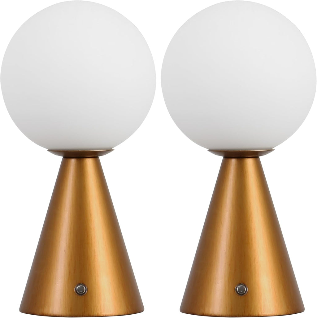 JONATHAN Y 11.75' Antique Gold Macie Modern Globe Cordless Table Lamp Set of 2, Rechargeable Dimmable Integrated LED Touch Sensor Bedside Lamp, White Frosted Glass Shade (JYL7159D-SET2)