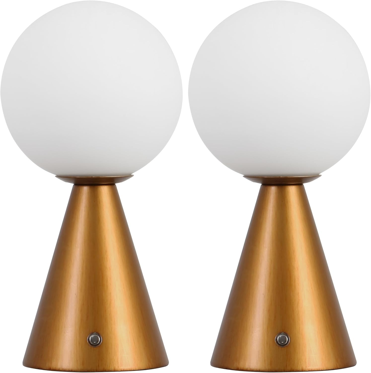 JONATHAN Y 11.75' Antique Gold Macie Modern Globe Cordless Table Lamp Set of 2, Rechargeable Dimmable Integrated LED Touch Sensor Bedside Lamp, White Frosted Glass Shade (JYL7159D-SET2)