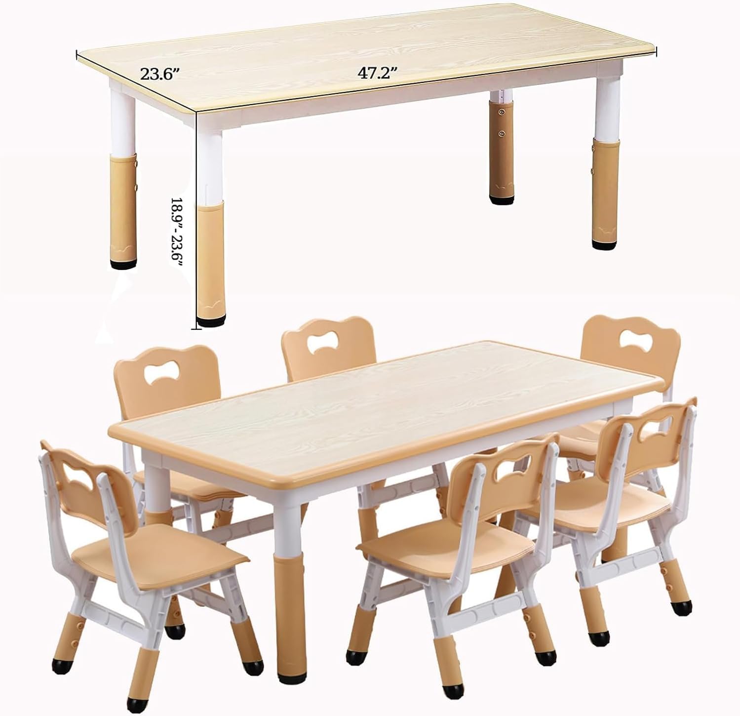 Garvee Kids Table and 6 Chair Set,47 in Modern Height Adjustable Toddler Table and 6 Chairs Set with Non-Slip Desk Legs&Organizer Graffiti Desktop, Preschool Activity Art Craft Tables for 6(Khaki)