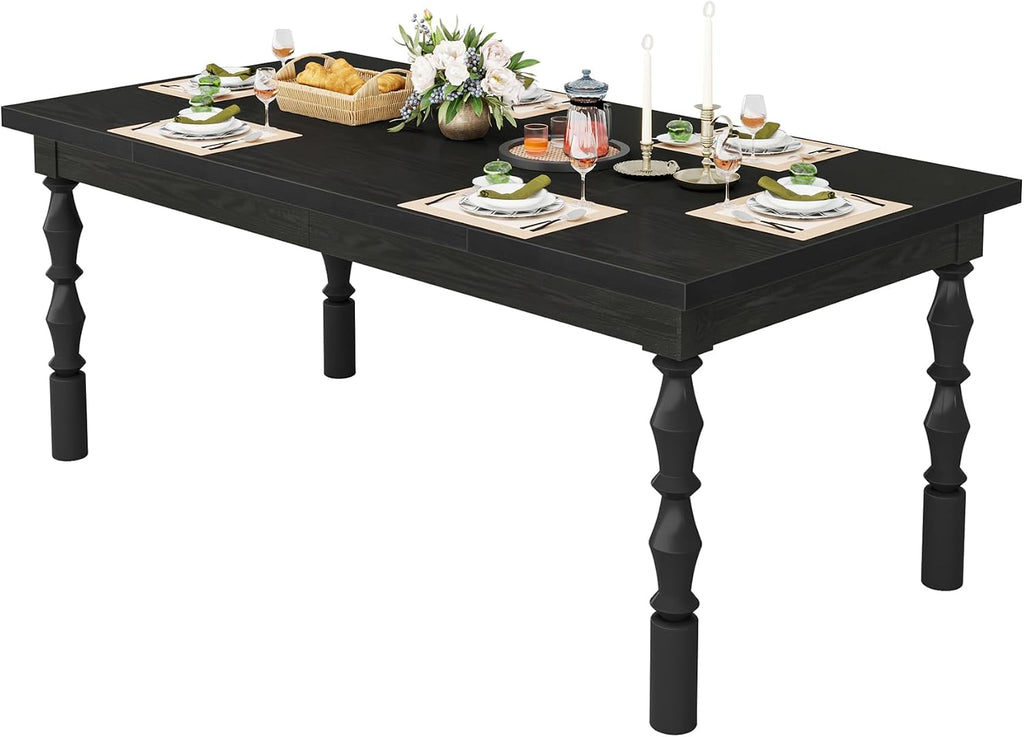 Tribesigns Wood Black Dining Table for 4-6 People, 62' Farmhouse Large Rectangle Kitchen Table, Modern Dinner Table Kitchen & Dining Room Furniture with Carved Turned Legs