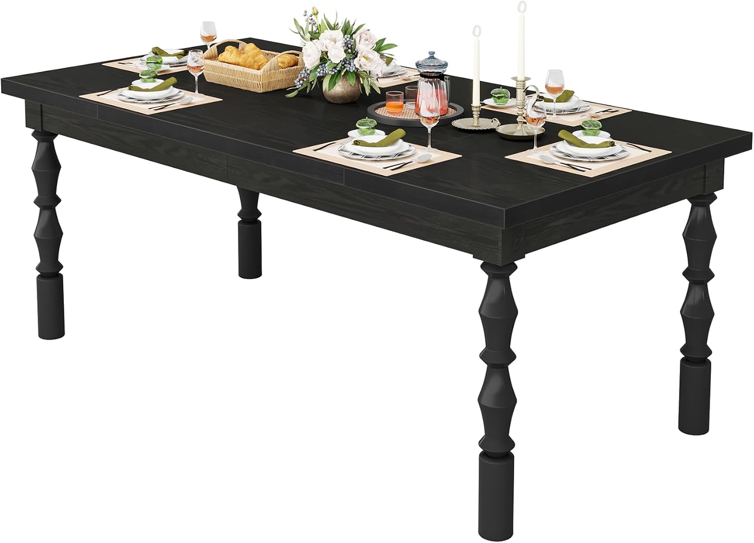 Tribesigns Wood Black Dining Table for 4-6 People, 62' Farmhouse Large Rectangle Kitchen Table, Modern Dinner Table Kitchen & Dining Room Furniture with Carved Turned Legs