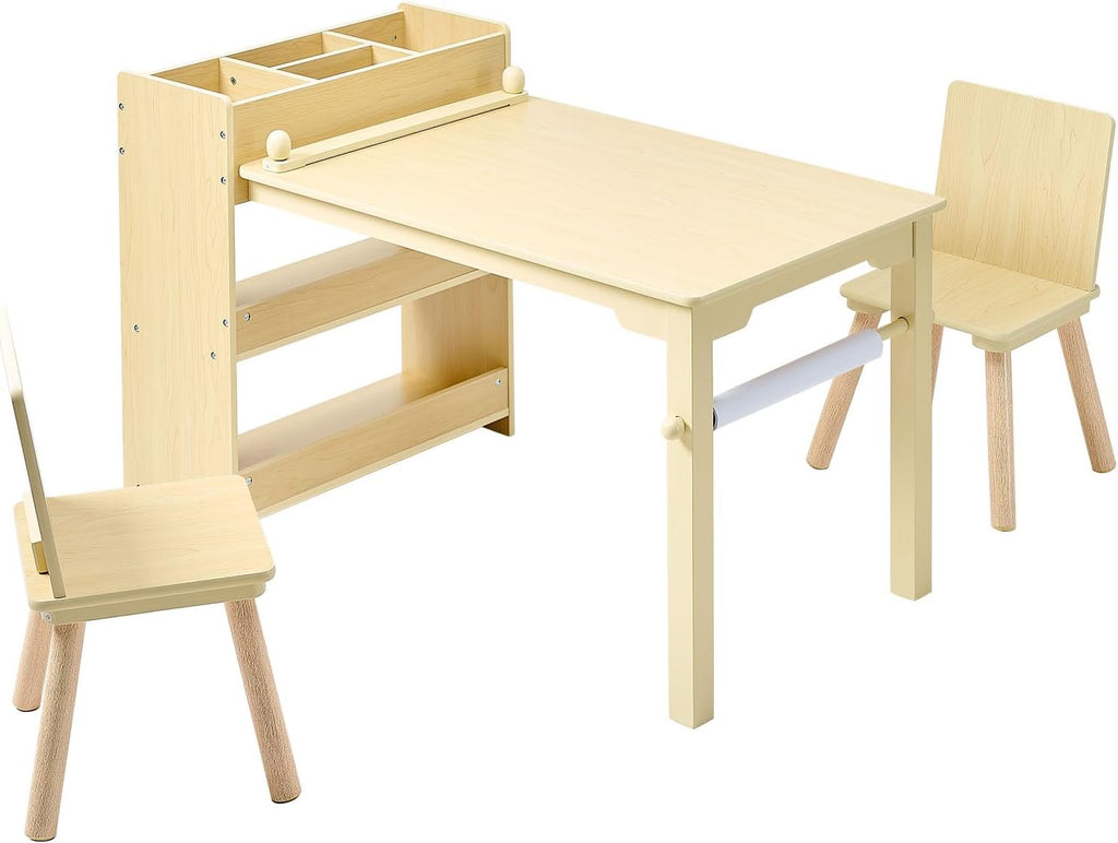 VEVOR Kids Art Table and Chair Set, Toddler Activity Table with Storage, Wood Kids Craft Desk with Paper Roll for Drawing, Reading, Writing, Kid Play Table for Nursery, Playroom, Classroom, Natural