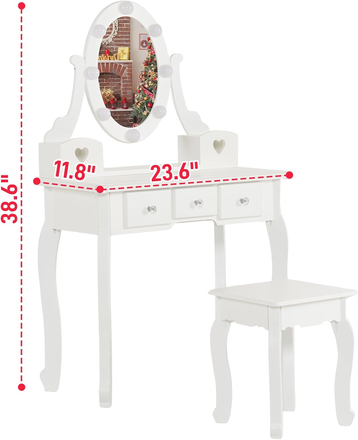Karl home Kids Vanity Table and Chair Set, Princess MDF Dressing Table with 3-Color LED Lighted Mirror and 3 Drawers, Lovely Waved Design for Toddler's Bedroom and Playroom Decor, Macaroon White