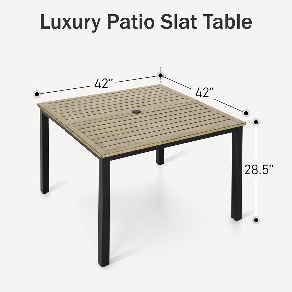 PHI VILLA Outdoor Patio Table, Square Metal Steel Slat Table with 1.57'- 1.9' Adjustable Umbrella Hole, Weather-Resistant Outdoor Dining Table for Garden Deck, 42' x 42' x 28.7', Brown