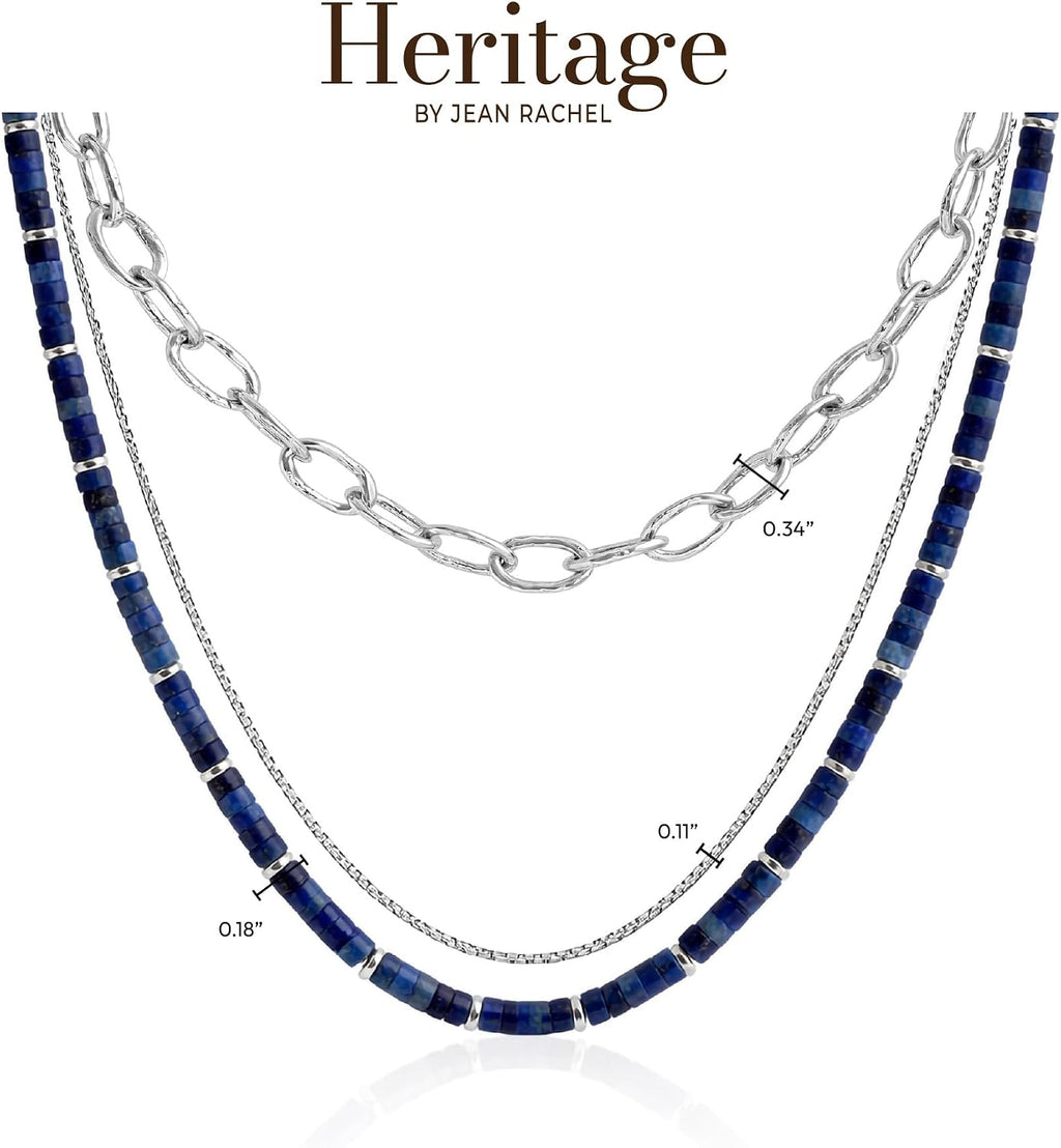 JEAN RACHEL JEWELRY Men's 3-Piece Necklace Layering Set - Hammered Link Chain, Box Chain & Lapis Lazuli Beads - Royal Blue Bundle