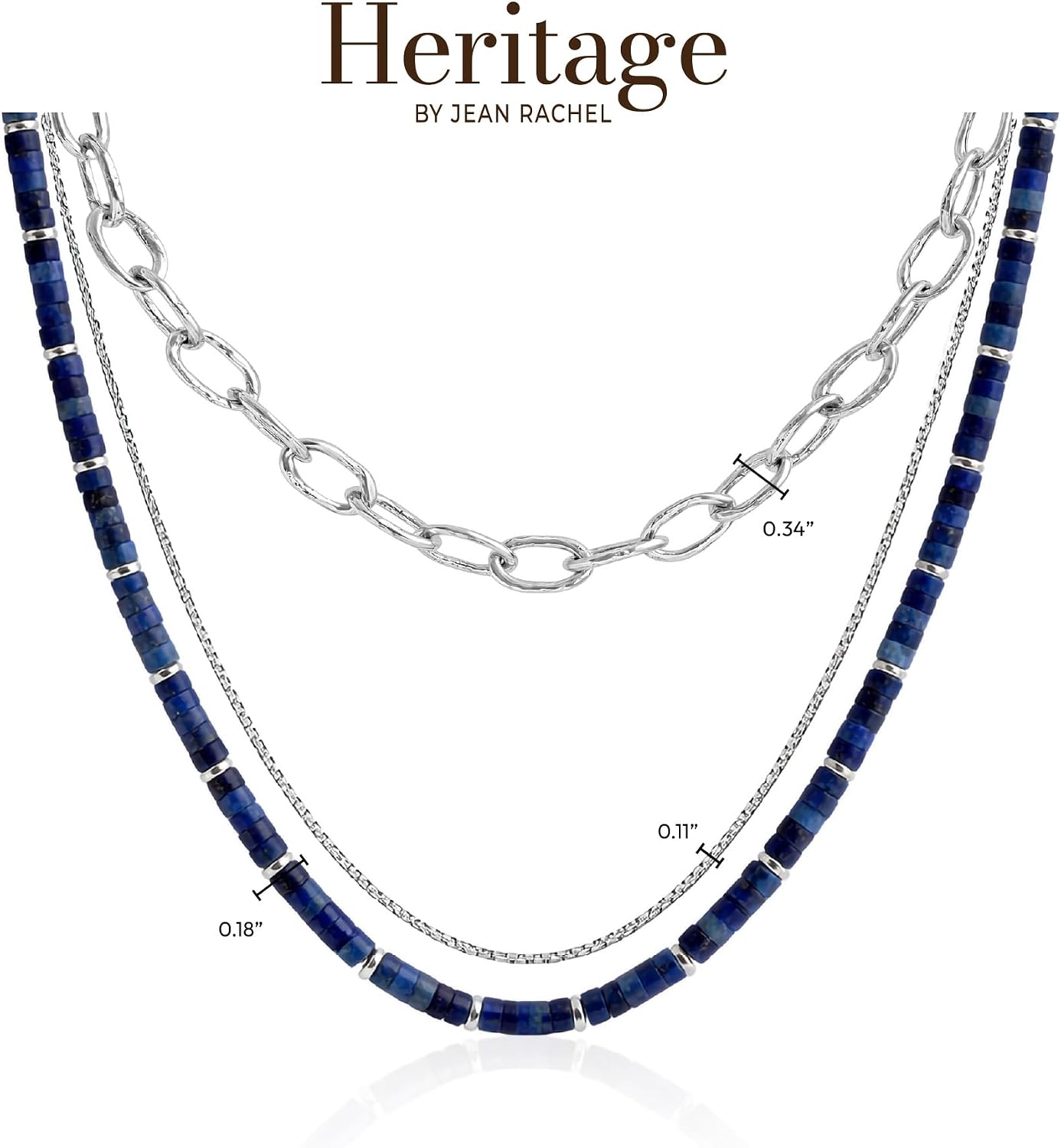 JEAN RACHEL JEWELRY Men's 3-Piece Necklace Layering Set - Hammered Link Chain, Box Chain & Lapis Lazuli Beads - Royal Blue Bundle