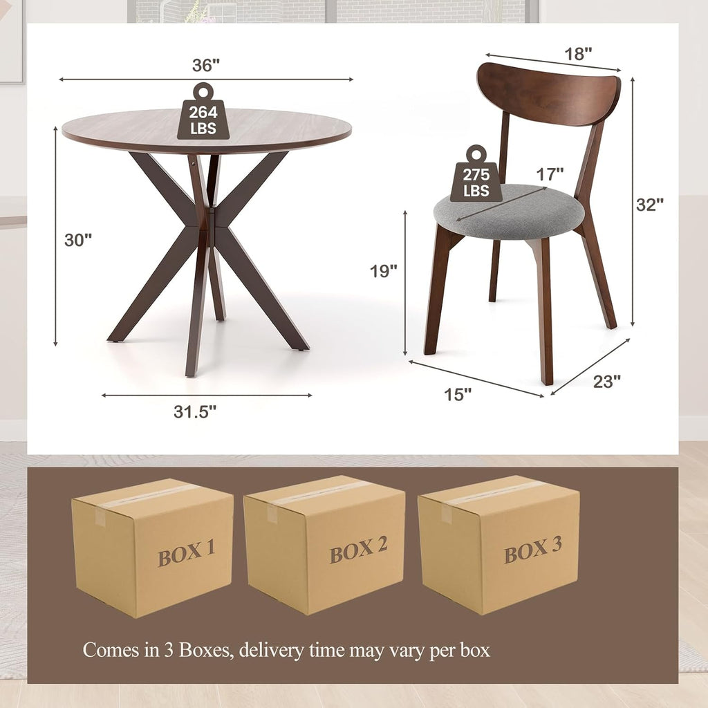 ERGOMASTER 5-Piece Dining Table Set for 4, 36' Kitchen Round Table with 4 Chairs, Rubber Wood Legs, Brown