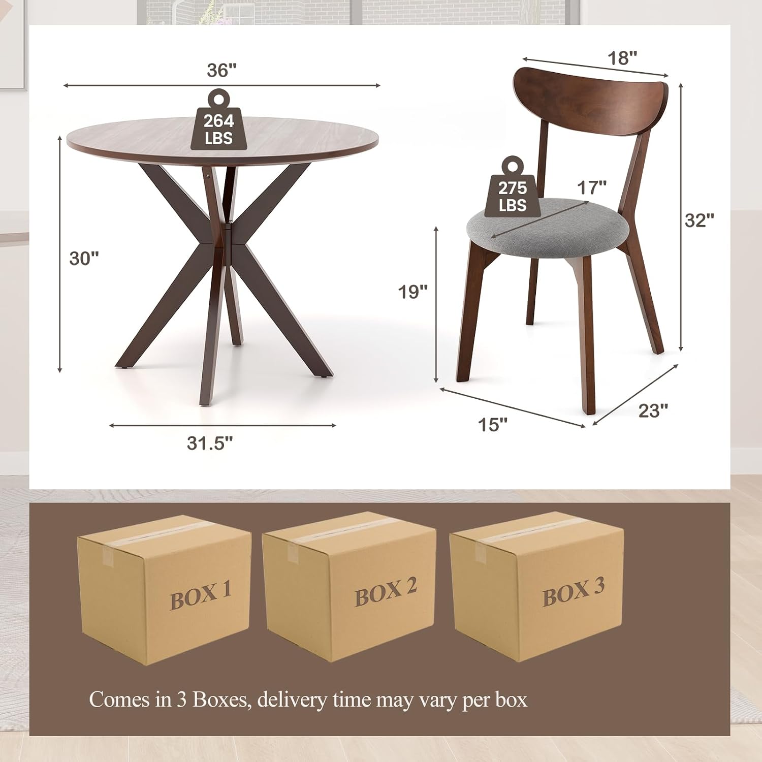 ERGOMASTER 5-Piece Dining Table Set for 4, 36' Kitchen Round Table with 4 Chairs, Rubber Wood Legs, Brown