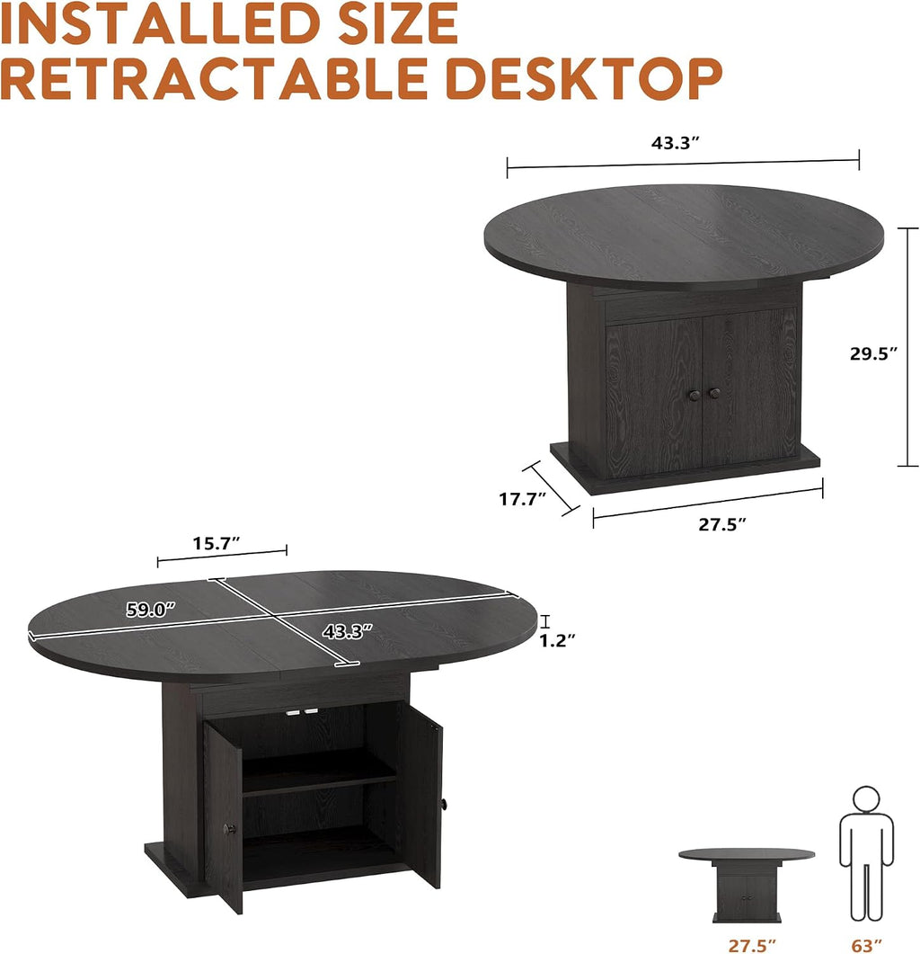 43.3in-59in Extendable Round Dining Table for 4-8, Modern Expandable Kitchen Oval Dining Table, Space Saving Circle Dining Room Table with Storage Shelf for Kitchen Living Room
