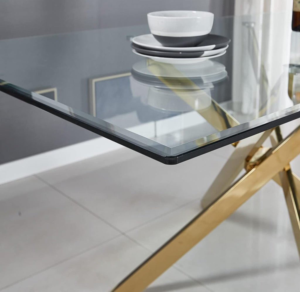 51' Glass Dining Table for 4, Contemporary Rectangular Dining Room Table with Tempered Glass Top & Golden Finish Stainless Steel Legs, Modern Kitchen Table for Home Office