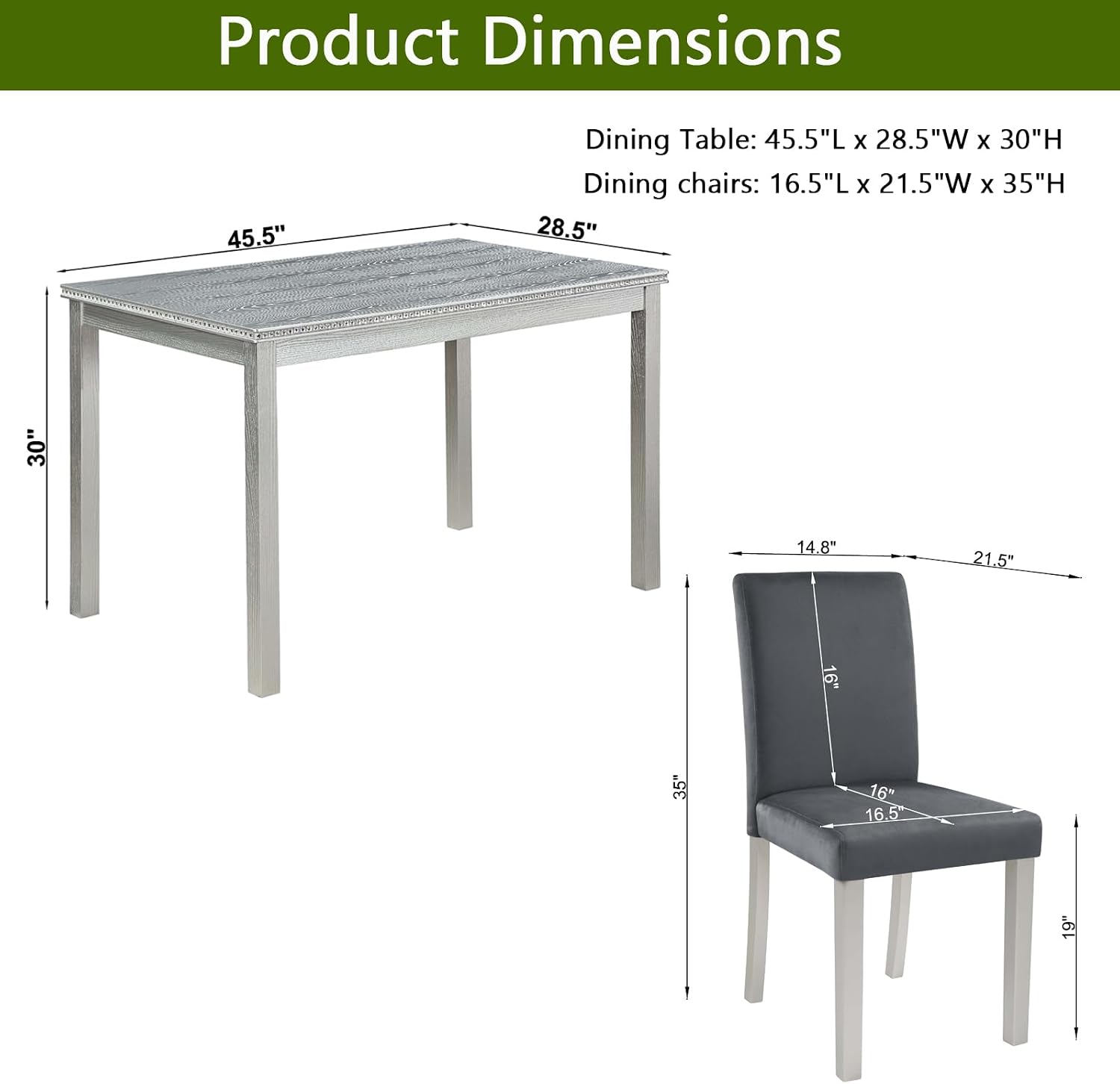 KEIKI 5-Piece Standard Height Dining Table Set with Rectangular Table and 4 Upholstered Chair, for 4 Person, Crystal Decoration Wooden Table Set, Easy Assembly, for Kitchen, Dining Room, Silver Grey