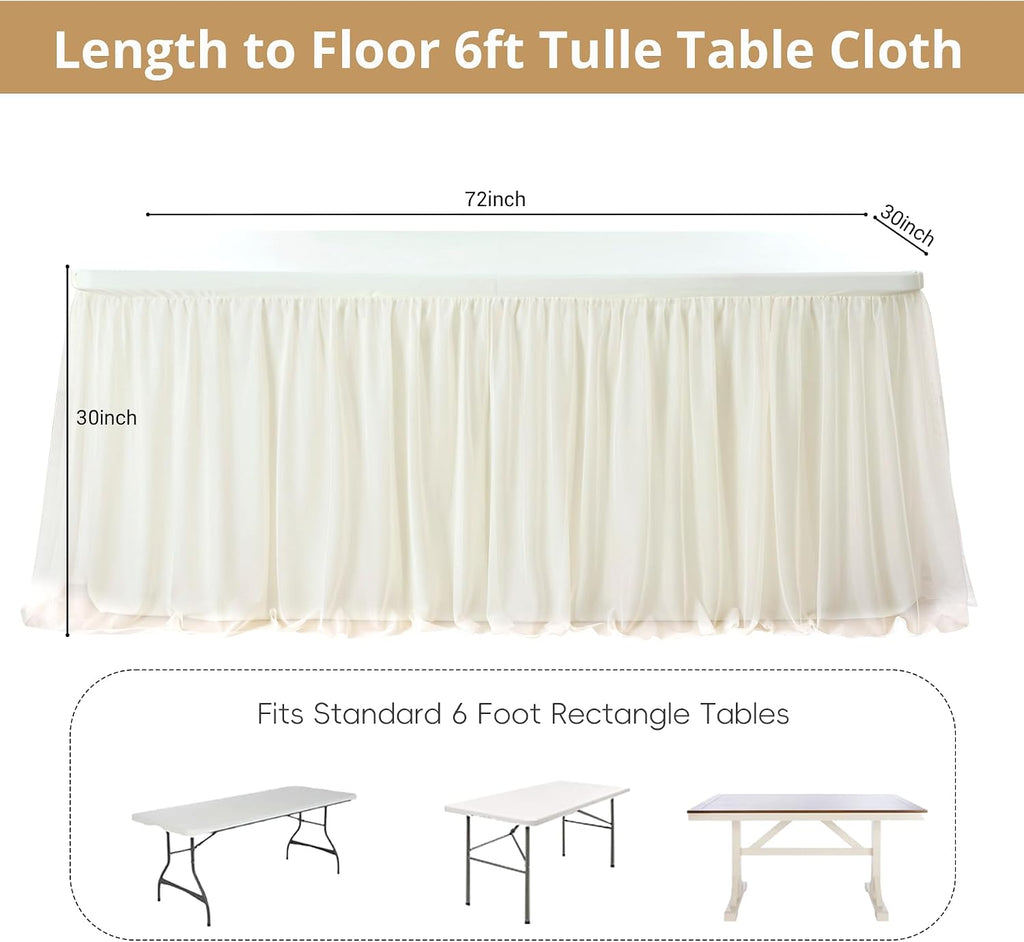 leegleri 6 pk 6ft Ivory Tulle Tablecloth for Rectangle Tables, 2-in-1 Cream Table Covers with Tulle Skirt,Wrinkle Free Stretchy Ruffle Tulle Table Cloths Fitted for Wedding Party Banquet Vendor
