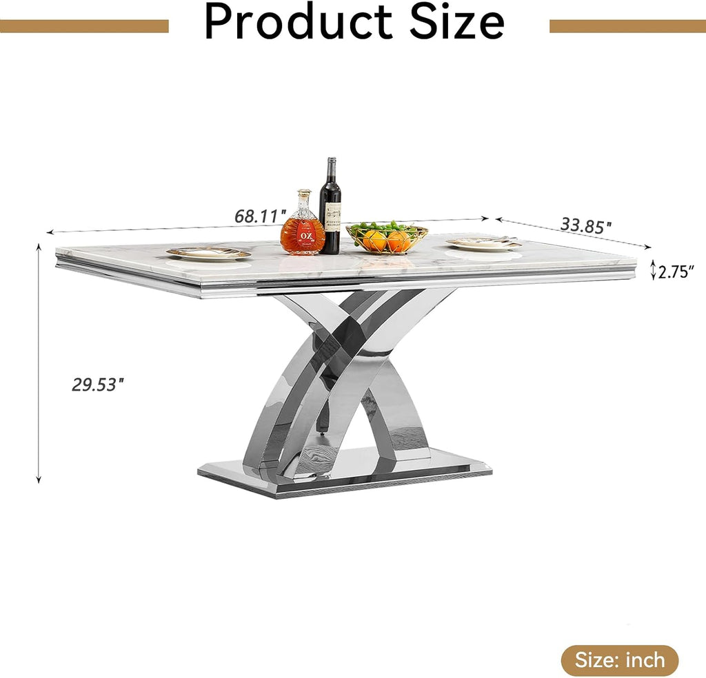 68' Luxury Rectangular Marble Dining Table for 4 to 6, White Faux Marble Kitchen Table with Silver X Shape Stainless Steel Pedestal, Modern Kitchen Dining Room Table for Breakfast Dinette Dinner Party