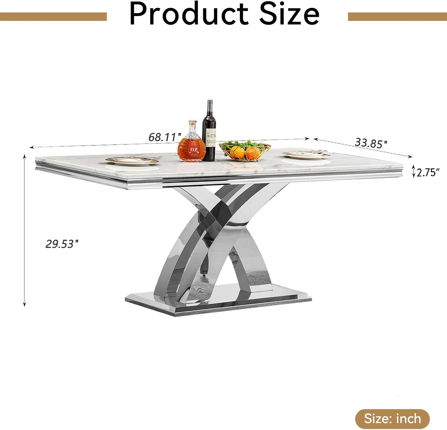 68' Luxury Rectangular Marble Dining Table for 4 to 6, White Faux Marble Kitchen Table with Silver X Shape Stainless Steel Pedestal, Modern Kitchen Dining Room Table for Breakfast Dinette Dinner Party
