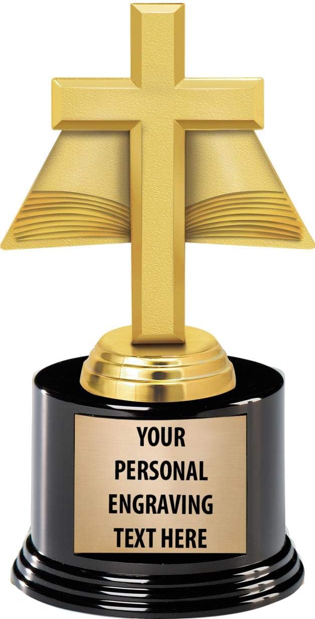 Cross Trophies with Custom Engraving, 7.25' Personalized Gold Religious Cross and Open Bible Trophy On Deluxe Round Base Prime