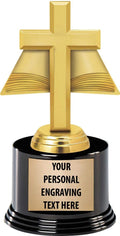 Cross Trophies with Custom Engraving, 7.25' Personalized Gold Religious Cross and Open Bible Trophy On Deluxe Round Base Prime