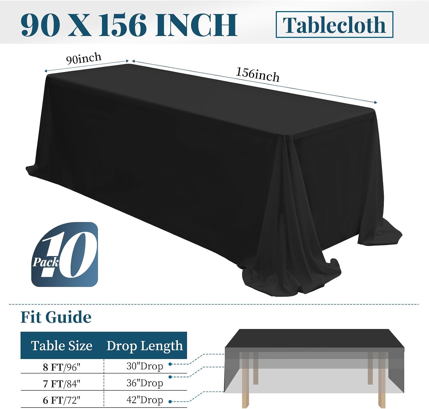 10 Packs Tablecloth 90 x 156 Inch, Black Polyester Table Cloth for 8ft Rectangle Tables, Stain and Wrinkle Resistant Washable Fabric Table Cover for Wedding Banquets Parties Buffet Dining Table