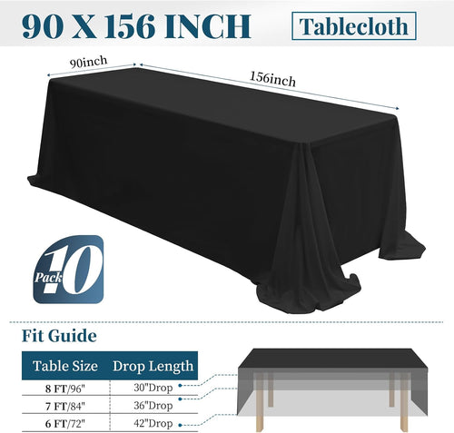 10 Packs Tablecloth 90 x 156 Inch, Black Polyester Table Cloth for 8ft Rectangle Tables, Stain and Wrinkle Resistant Washable Fabric Table Cover for Wedding Banquets Parties Buffet Dining Table