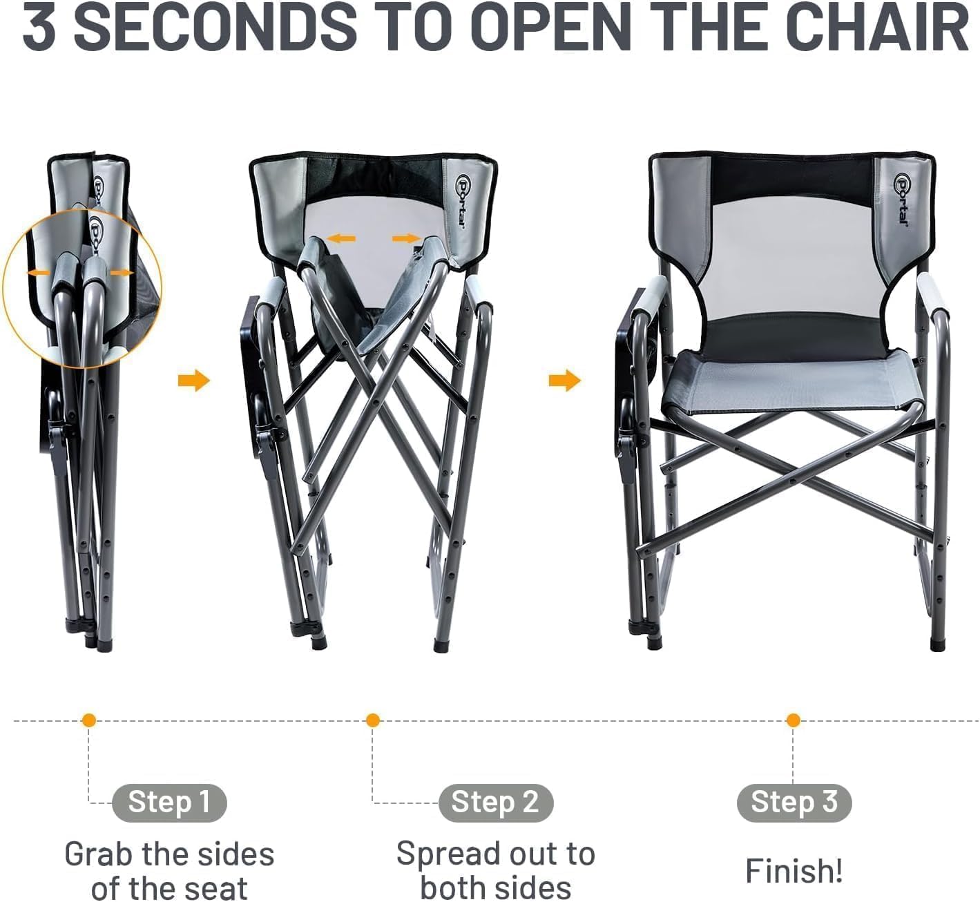 Portal Folding Director Chair with 2-Way Rotating Side Table, Heavy Duty 300 lb Camping Chair with Swivel Tray & Cup Holder, Ergonomic Mesh Back Portable Outdoor Seat for RV, Tailgating & Lawn, Grey