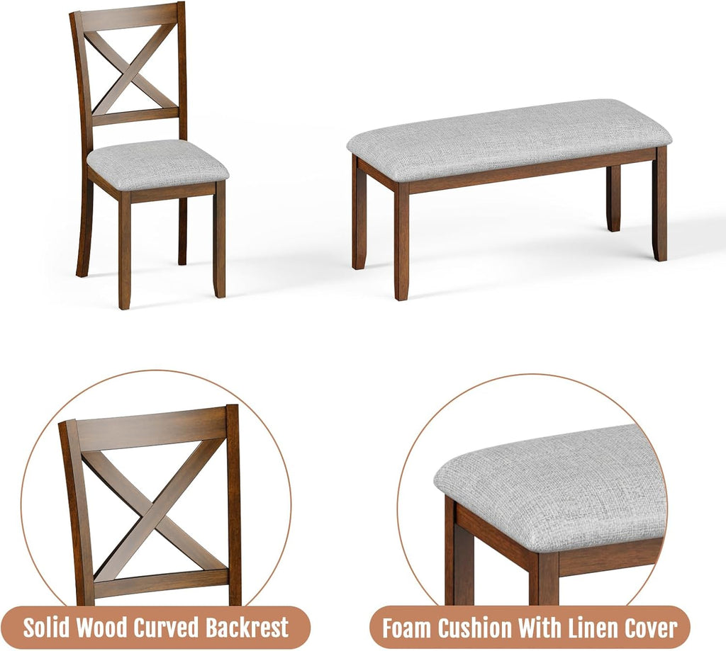 Zevemomo 6-Piece Wooden Dining Table Set, Dining Table Set for 6, Including 1 Dining Table, 4 Upholstered Chairs and 1 Bench, Wooden Legs Dining Table, Table Set for Dining Room & Kitchen, Walnut