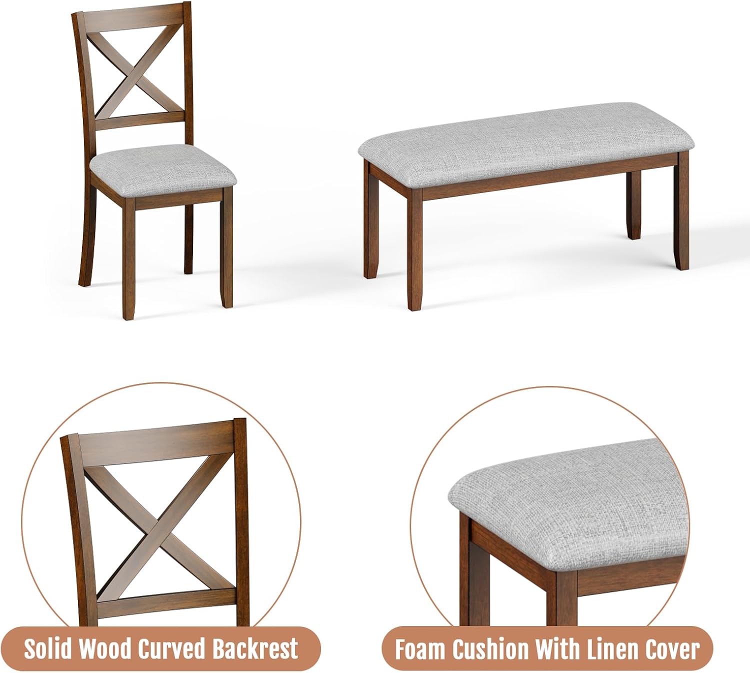 Zevemomo 6-Piece Wooden Dining Table Set, Dining Table Set for 6, Including 1 Dining Table, 4 Upholstered Chairs and 1 Bench, Wooden Legs Dining Table, Table Set for Dining Room & Kitchen, Walnut