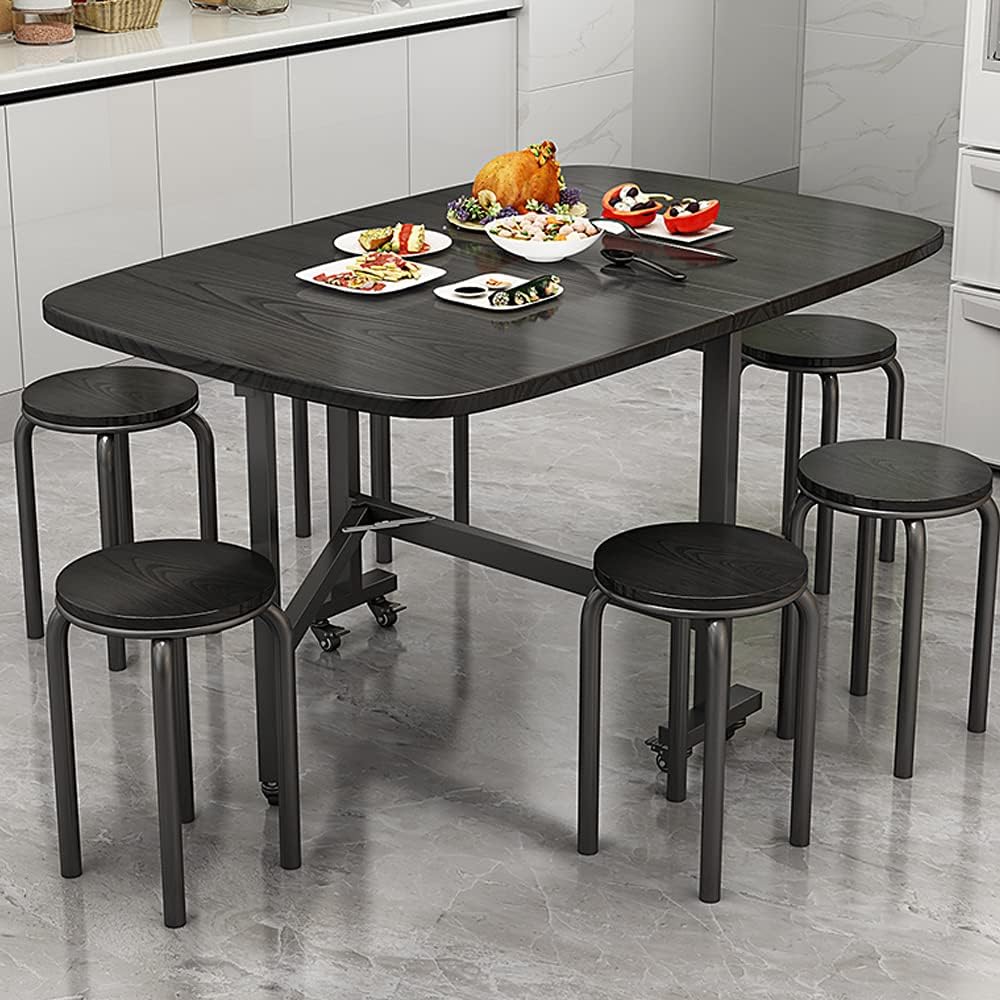 Multifunction Table Drop Leaf Dining Table - 47' Wooden Foldable Kitchen Table with 6 Wheels (Black)
