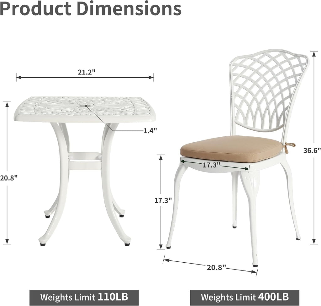 HOMEFUN Bistro Table and Chairs Set of 2 Outdoor 3 Piece Patio Set with Cushion Cast Aluminum Bistro for Garden Balcony, Durable Rust All-Weather Resistance