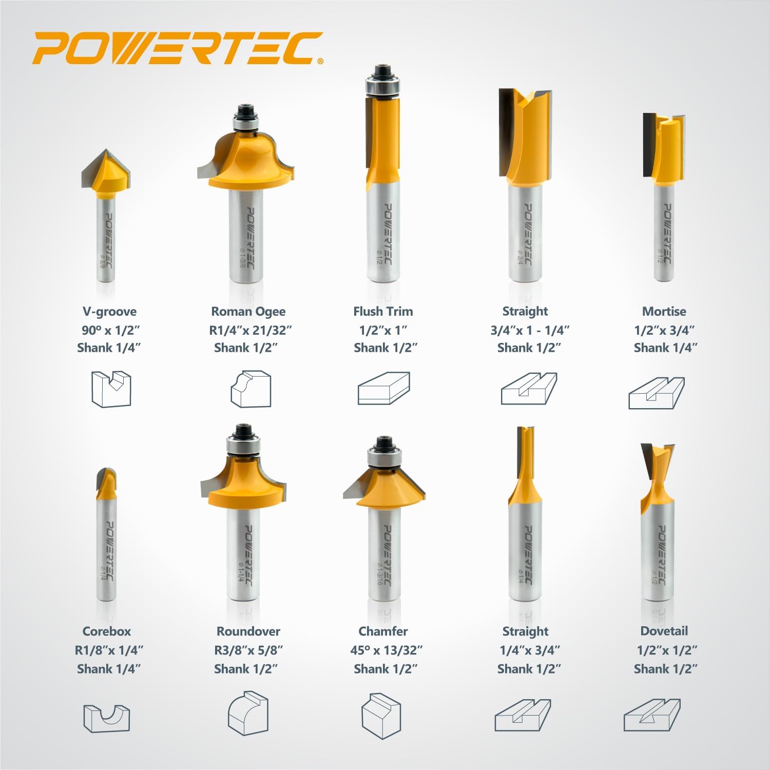 POWERTEC 10-Piece Carbide Tipped Router Bit Set, 1/2' and 1/4' Shank Router Bits for DIY and Various Woodworking Projects. Includes Flush Trim, Roundover, Dovetail, Core Box and More (73010)