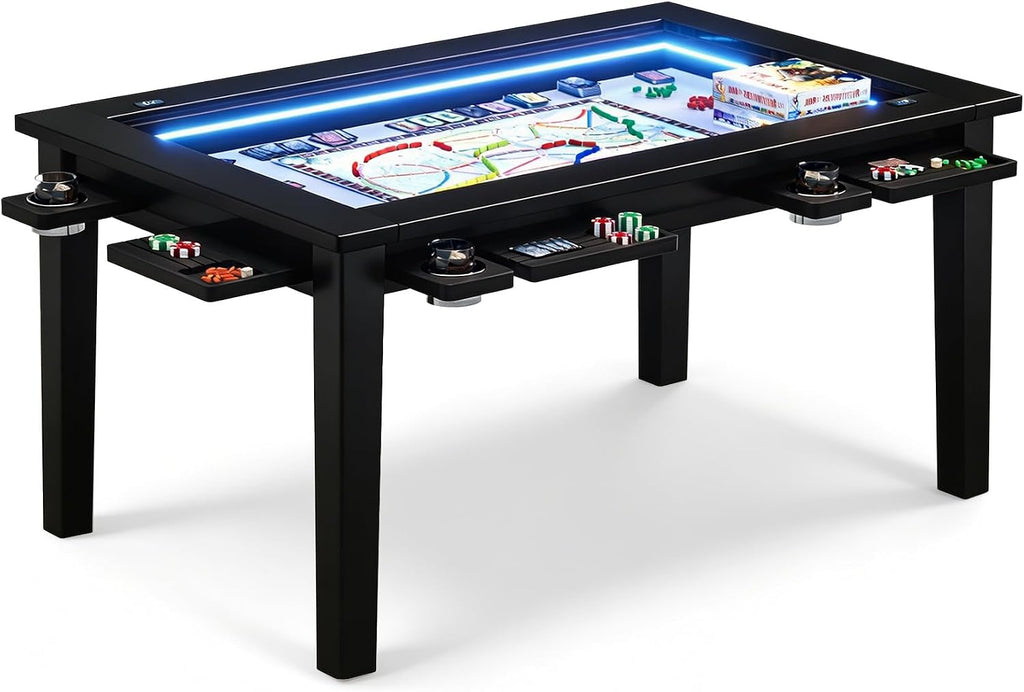 Haddockway Board Game Table with Adjustable Led Lights, 53.7in x 30.7in Play Area Removable Table Top Dining/Gaming Table with Charge Station, Play Mat, 6 Cup Holders & Trays (Black)
