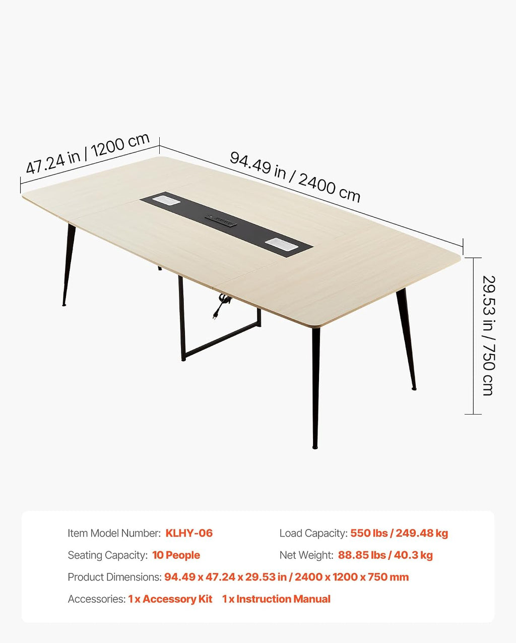 VEVOR Conference Table, 8 ft Boat Shaped Office Meeting Table with Charge Station for 10 Person, Modern Boat Seminar Meeting Desk with Metal Legs for Office, Boardroom, Conference Room, Easy Assembly