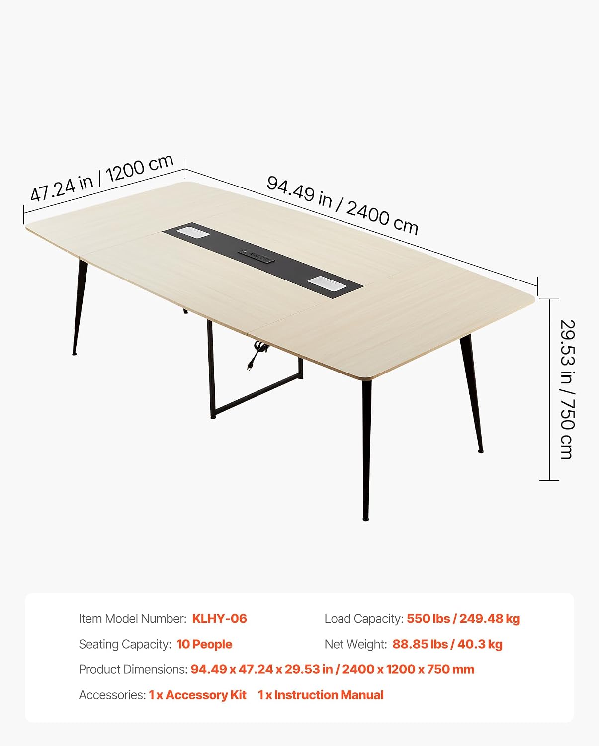 VEVOR Conference Table, 8 ft Boat Shaped Office Meeting Table with Charge Station for 10 Person, Modern Boat Seminar Meeting Desk with Metal Legs for Office, Boardroom, Conference Room, Easy Assembly
