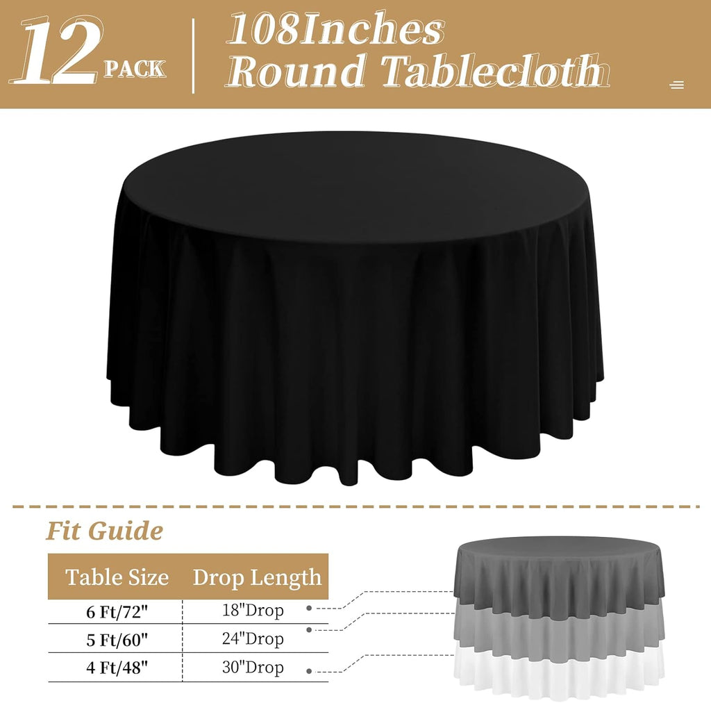 12 Pack Round Tablecloth 108 Inch - Black Polyester Tablecloth for Round Table, Premium Stain and Wrinkle Resistant Washable Fabric Table Cover for Wedding Party Banquet Restaurant Reception