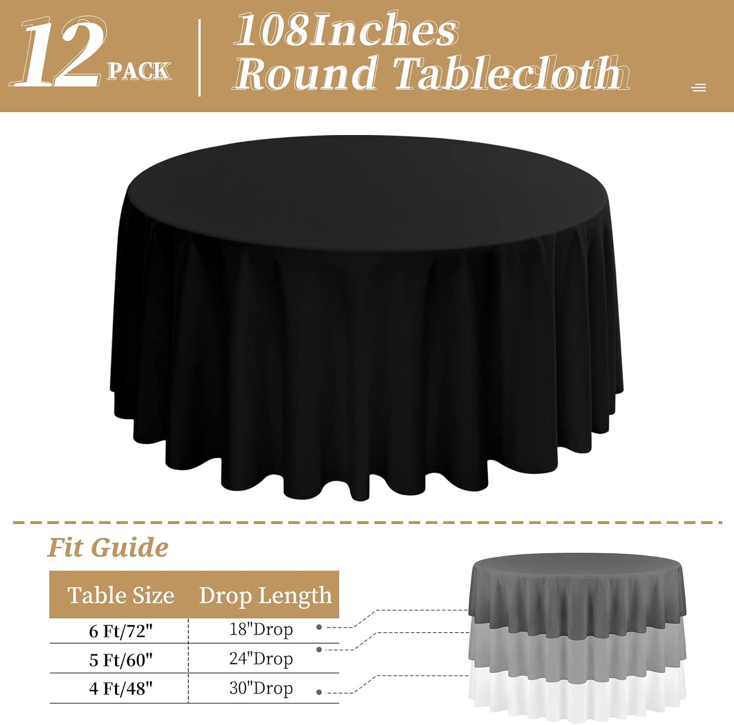 12 Pack Round Tablecloth 108 Inch - Black Polyester Tablecloth for Round Table, Premium Stain and Wrinkle Resistant Washable Fabric Table Cover for Wedding Party Banquet Restaurant Reception