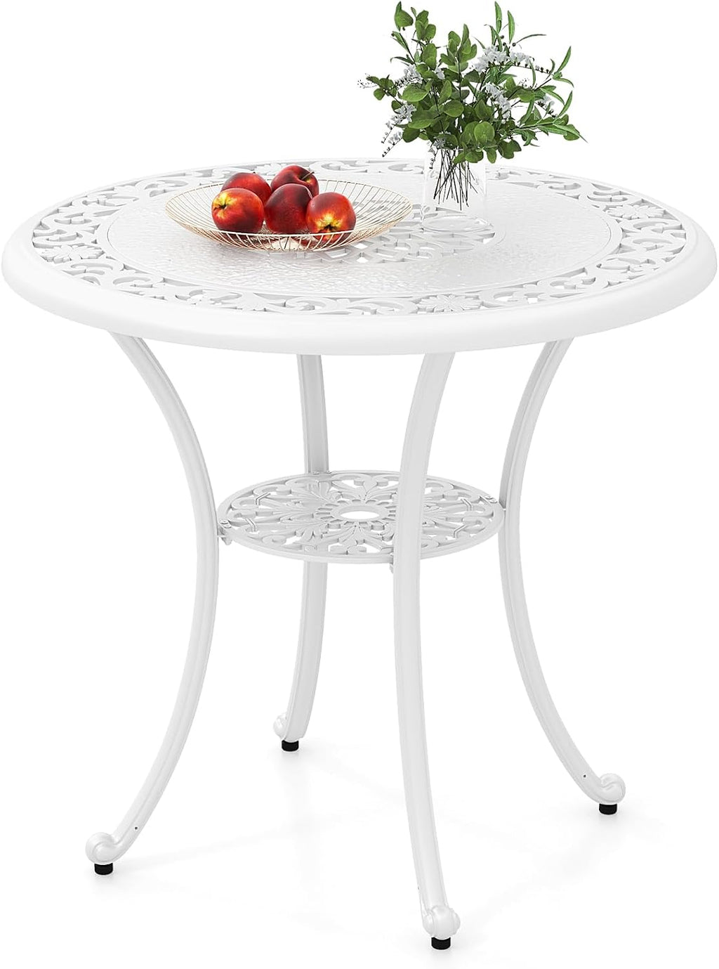 Tangkula 31.5' Cast Aluminum Patio Dining Table, Round Outdoor Bistro Table with 2' Umbrella Hole, Outdoor Side Table for Backyard, Lawn, Deck and Garden, White