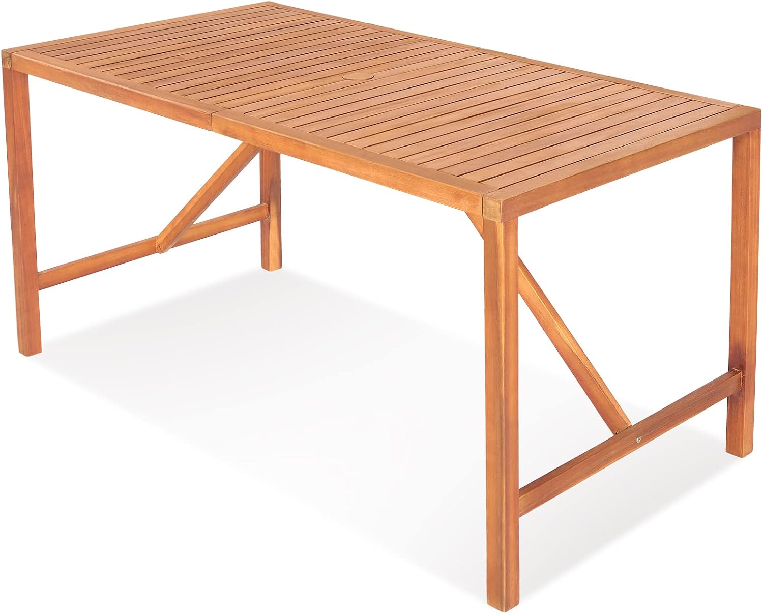 Tangkula 55' Acacia Wood Outdoor Dining Table for 4-6 Person, Rectangular Patio Dining Table with 2' Umbrella Hole and Support Bars, Indoor Outdoor Dining Furniture for Deck, Garden, Poolside & Yard