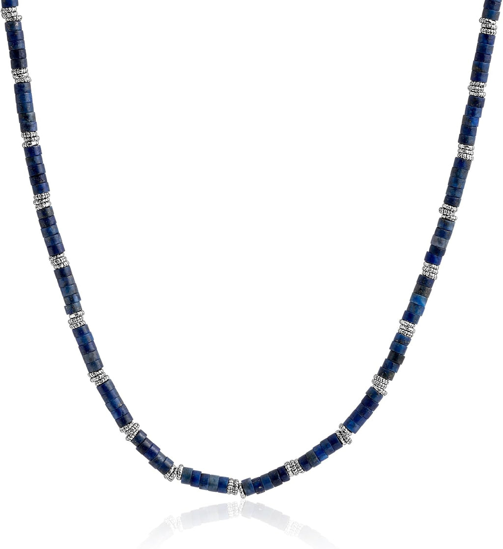 JEAN RACHEL JEWELRY Men's 3-Piece Necklace Layering Set - Hammered Link Chain, Sleek Box Chain & Lapis Lazuli Beads - Royal Blue Bundle